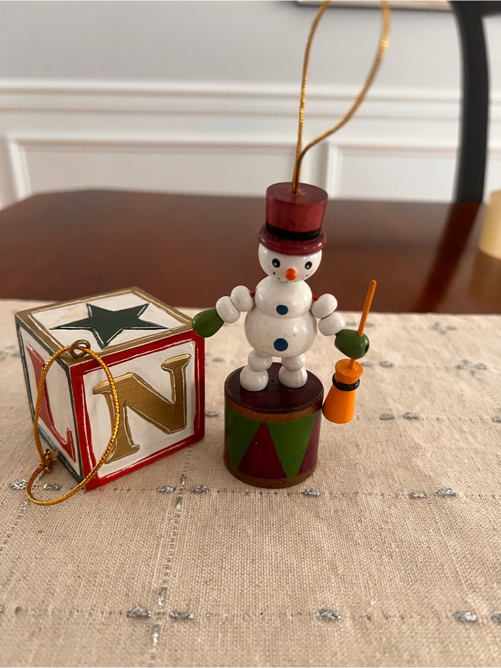 Vintage Wooden Ornaments - Snowman on Drum Push Puppet and Noel Block.